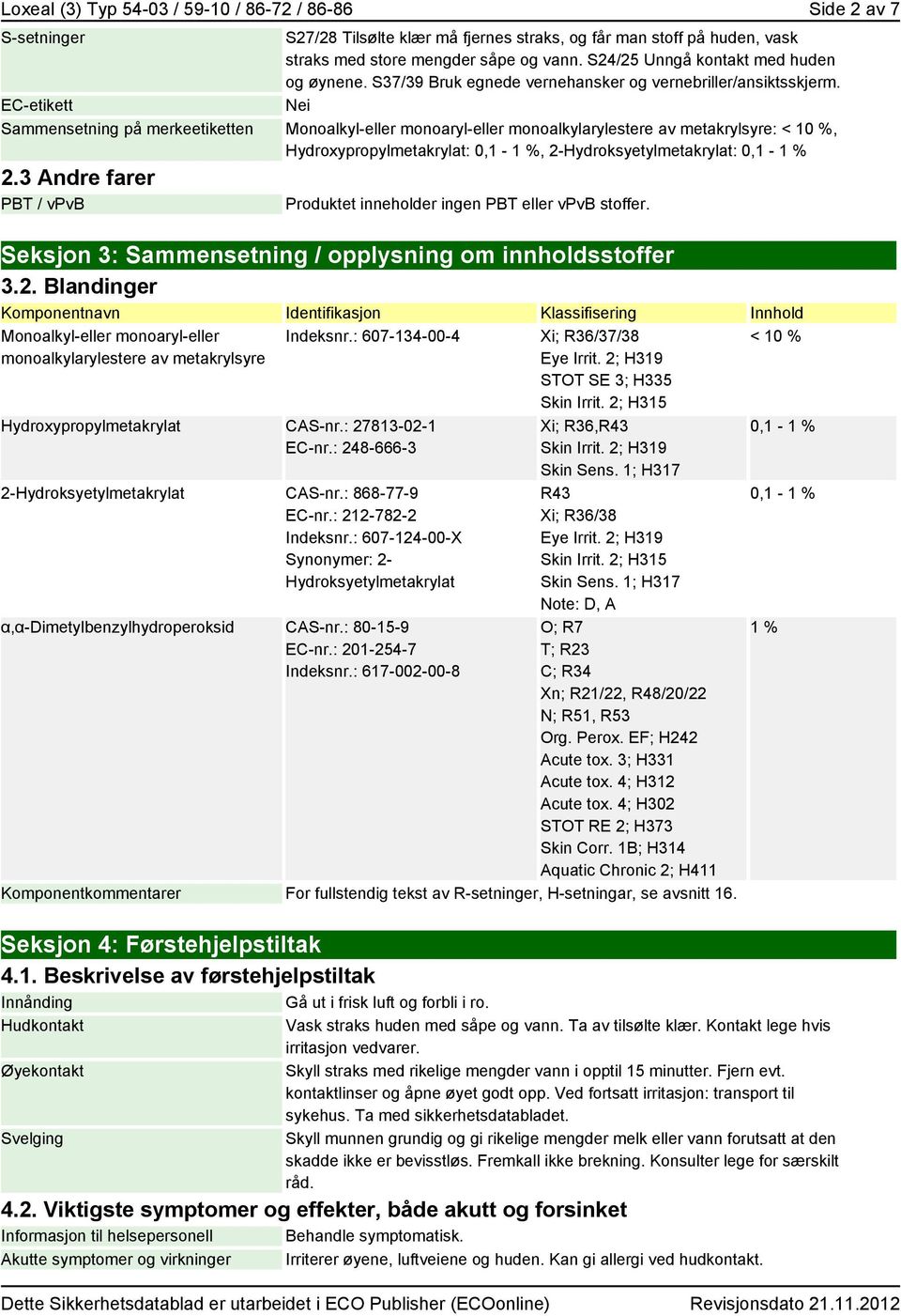 EC-etikett Nei Sammensetning på merkeetiketten Monoalkyl-eller monoaryl-eller monoalkylarylestere av metakrylsyre: < 10 %, Hydroxypropylmetakrylat: 0,1-1 %, 2-Hydroksyetylmetakrylat: 0,1-1 % 2.