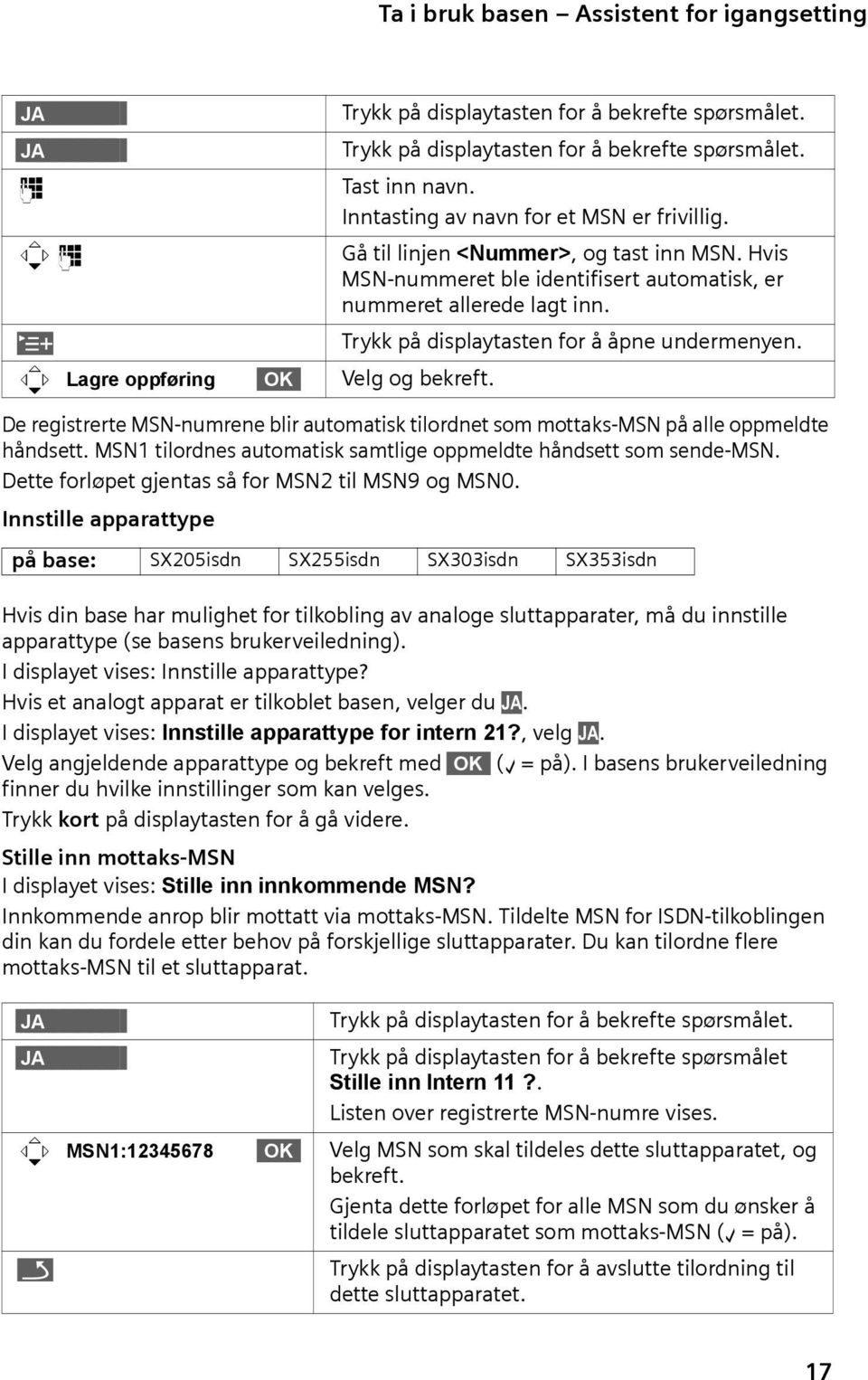 Hvis MSN-nummeret ble identifisert automatisk, er nummeret allerede lagt inn. Í Trykk på displaytasten for å åpne undermenyen. s Lagre oppføring Velg og bekreft.