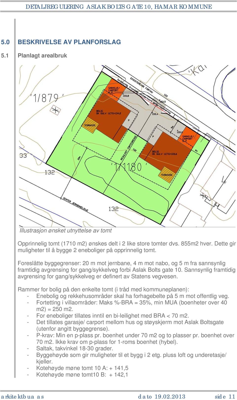 Foreslåtte byggegrenser: 20 m mot jernbane, 4 m mot nabo, og 5 m fra sannsynlig framtidig avgrensing for gang/sykkelveg forbi Aslak Bolts gate 10.