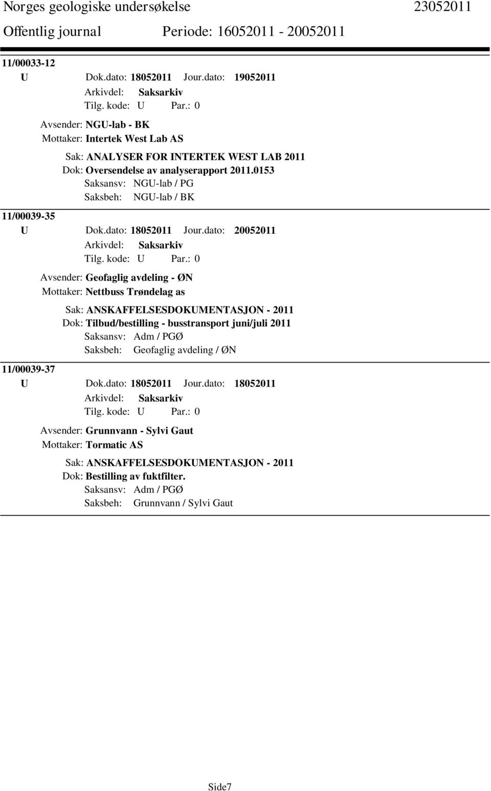 0153 Saksansv: NGU-lab / PG Saksbeh: NGU-lab / BK 11/00039-35 U Dok.dato: 18052011 Jour.