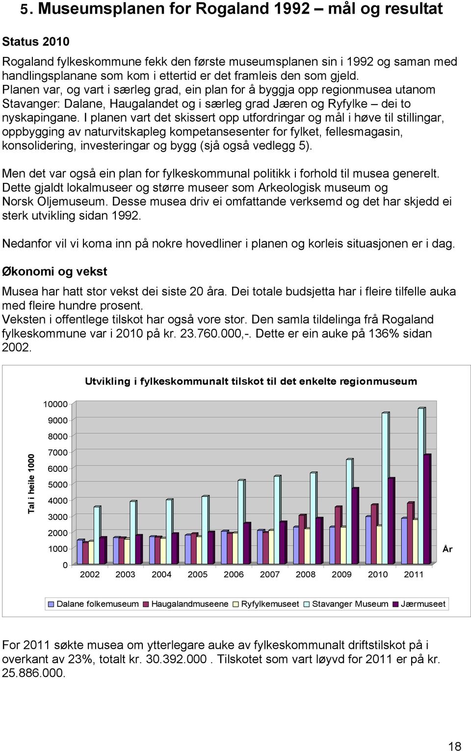 I planen vart det skissert opp utfordringar og mål i høve til stillingar, oppbygging av naturvitskapleg kompetansesenter for fylket, fellesmagasin, konsolidering, investeringar og bygg (sjå også