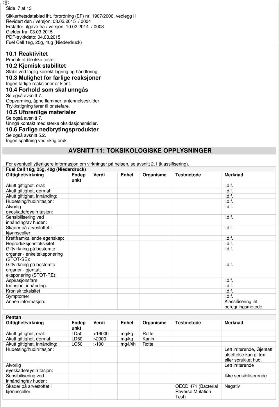 Unngå kontakt med sterke oksidasjonsmidler. 10.6 Farlige nedbrytingsprodukter Se også avsnitt 5.2. Ingen spaltning ved riktig bruk.