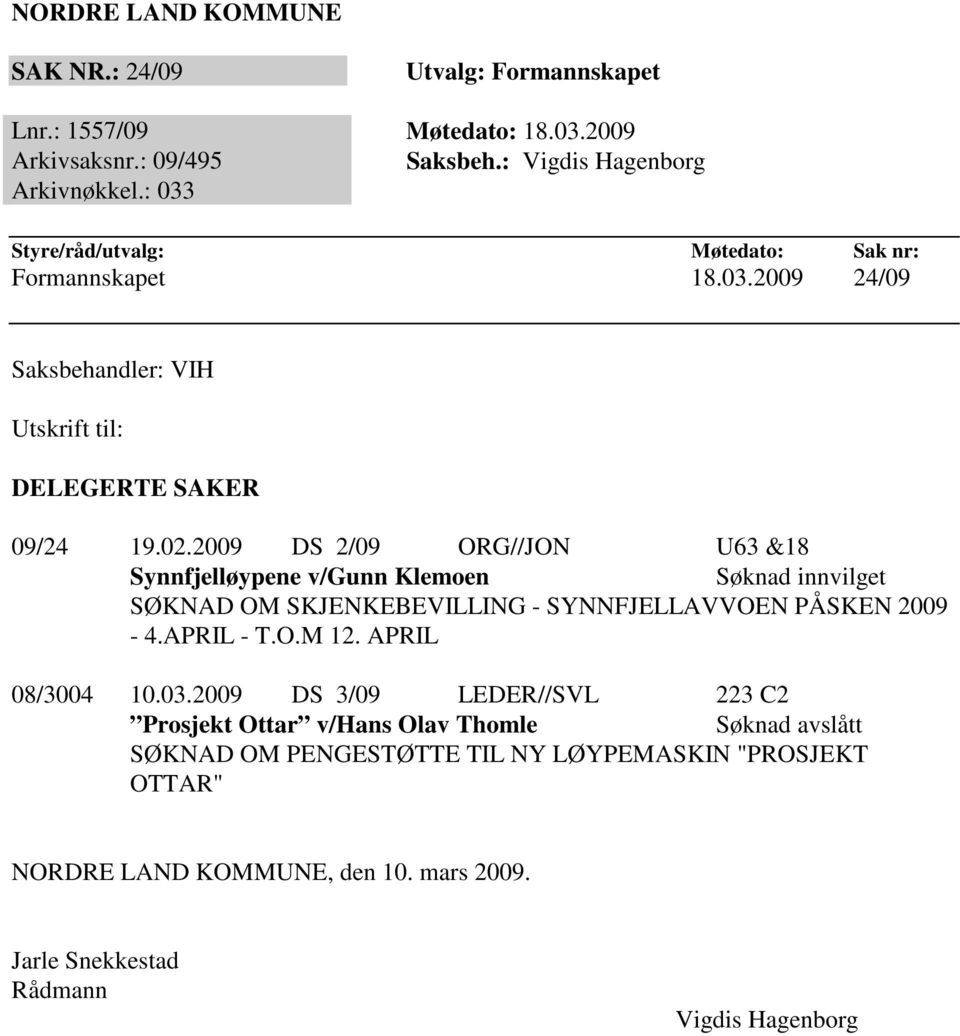 2009 DS 2/09 ORG//JON U63 &18 Synnfjelløypene v/gunn Klemoen Søknad innvilget SØKNAD OM SKJENKEBEVILLING - SYNNFJELLAVVOEN PÅSKEN 2009-4.APRIL - T.O.M 12.