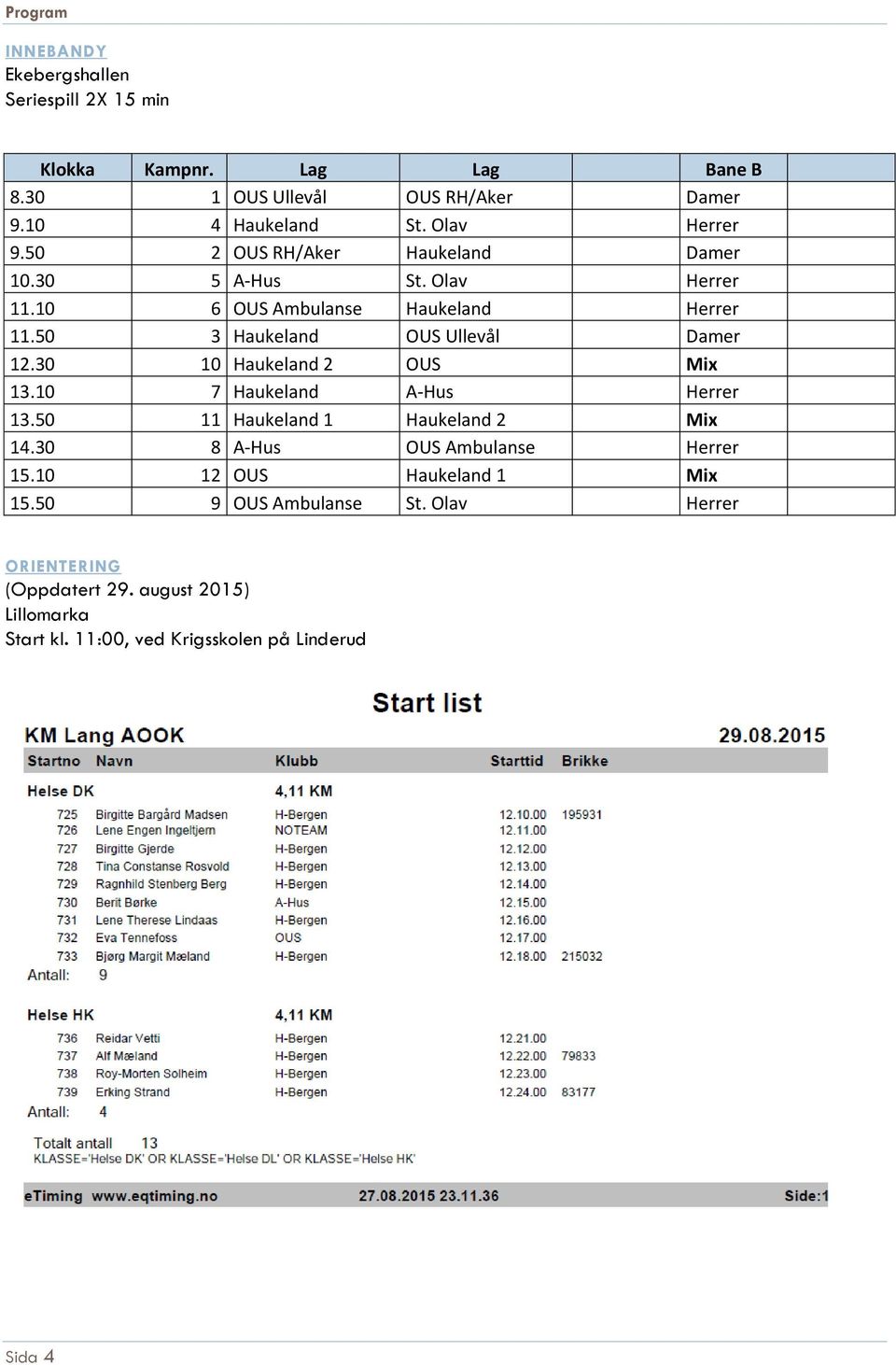 50 3 Haukeland OUS Ullevål Damer 12.30 10 Haukeland 2 OUS Mix 13.10 7 Haukeland A-Hus Herrer 13.50 11 Haukeland 1 Haukeland 2 Mix 14.