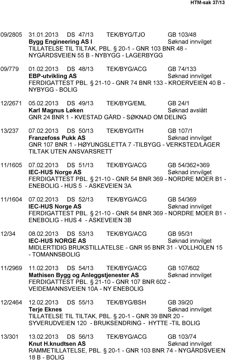 2013 DS 49/13 TEK/BYG/EML GB 24/1 Karl Magnus Løken Søknad avslått GNR 24 BNR 1 - KVESTAD GÅRD - SØKNAD OM DELING 13/237 07.02.