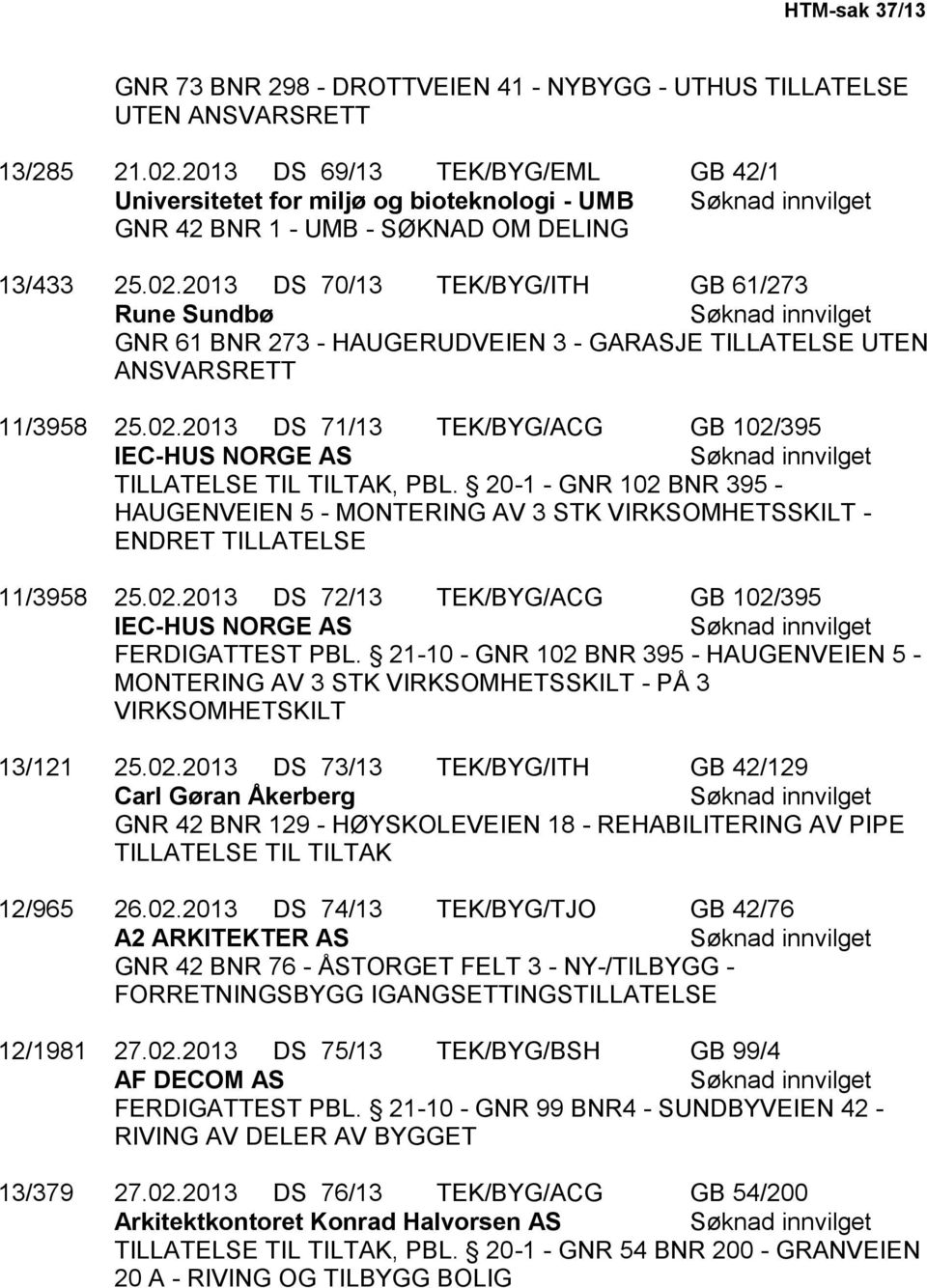 2013 DS 70/13 TEK/BYG/ITH GB 61/273 Rune Sundbø GNR 61 BNR 273 - HAUGERUDVEIEN 3 - GARASJE TILLATELSE UTEN ANSVARSRETT 11/3958 25.02.