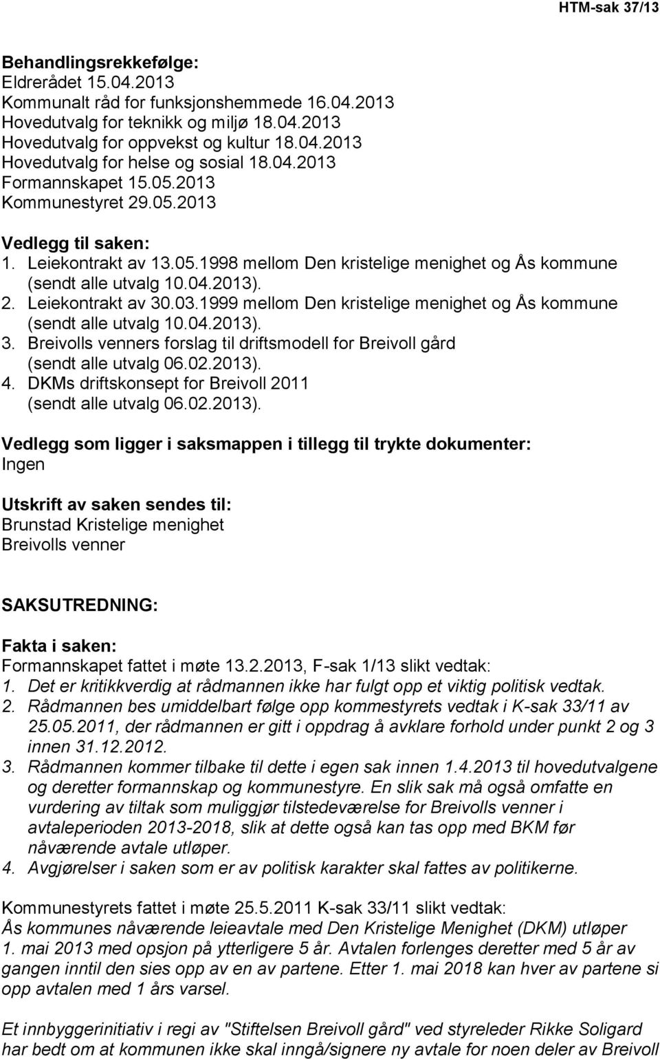 03.1999 mellom Den kristelige menighet og Ås kommune (sendt alle utvalg 10.04.2013). 3. Breivolls venners forslag til driftsmodell for Breivoll gård (sendt alle utvalg 06.02.2013). 4.