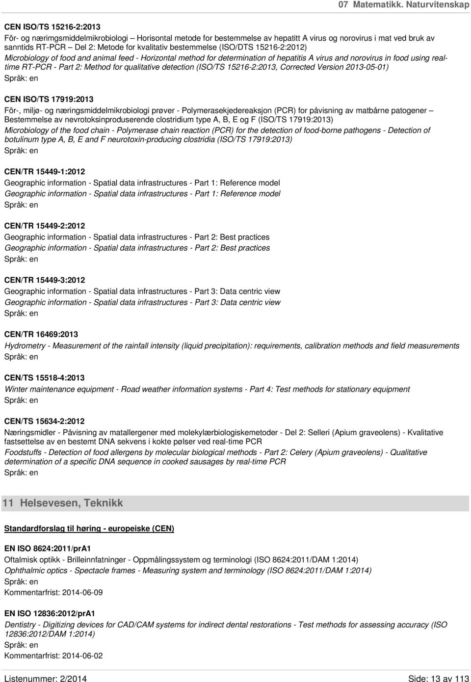 kvalitativ bestemmelse (ISO/DTS 15216-2:2012) Microbiology of food and animal feed - Horizontal method for determination of hepatitis A virus and norovirus in food using realtime RT-PCR - Part 2: