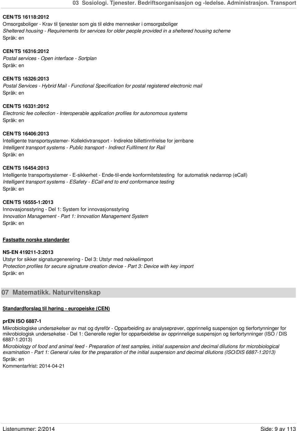 housing scheme CEN/TS 16316:2012 Postal services - Open interface - Sortplan CEN/TS 16326:2013 Postal Services - Hybrid Mail - Functional Specification for postal registered electronic mail CEN/TS