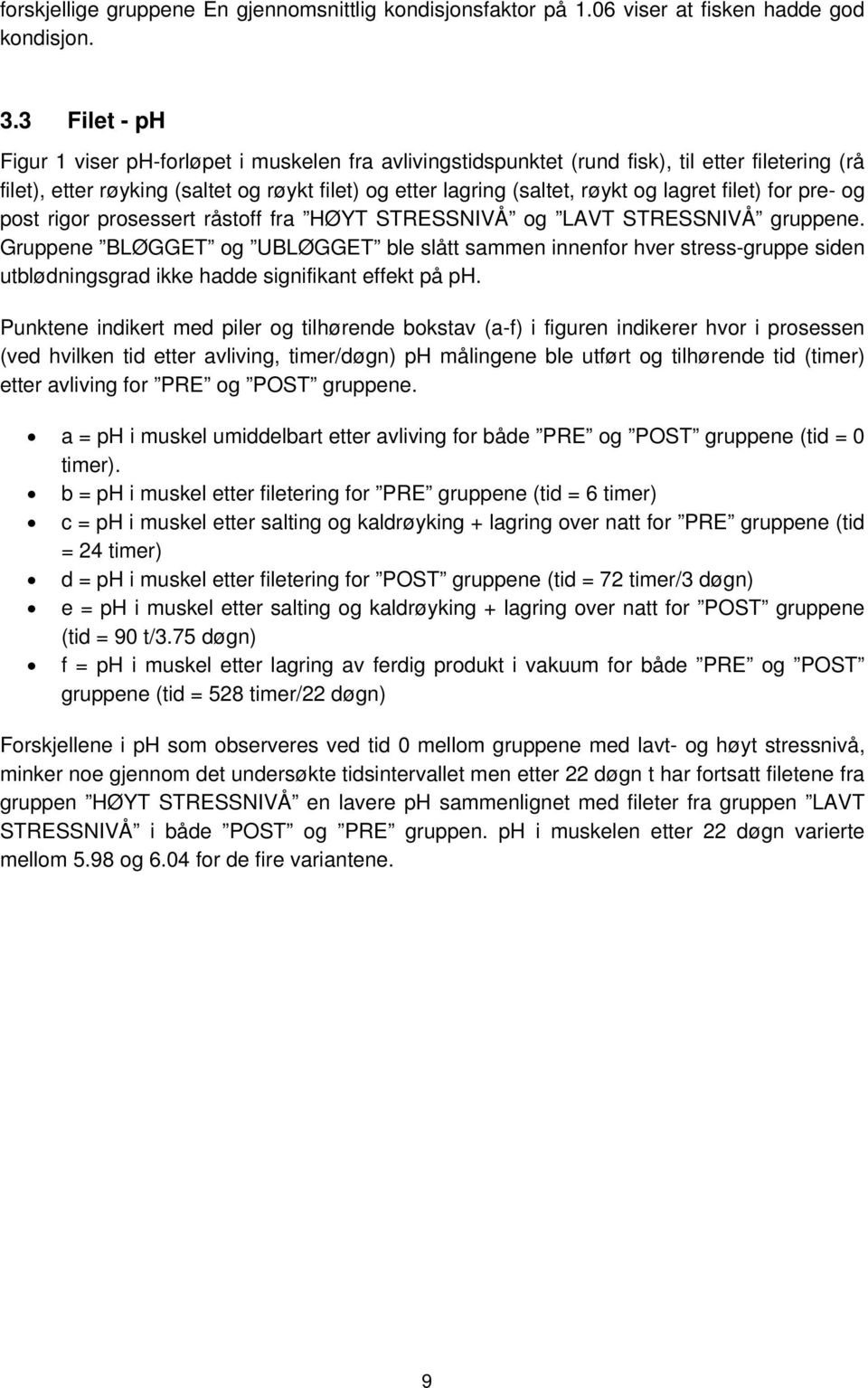 lagret filet) for pre- og post rigor prosessert råstoff fra HØYT STRESSNIVÅ og LAVT STRESSNIVÅ gruppene.