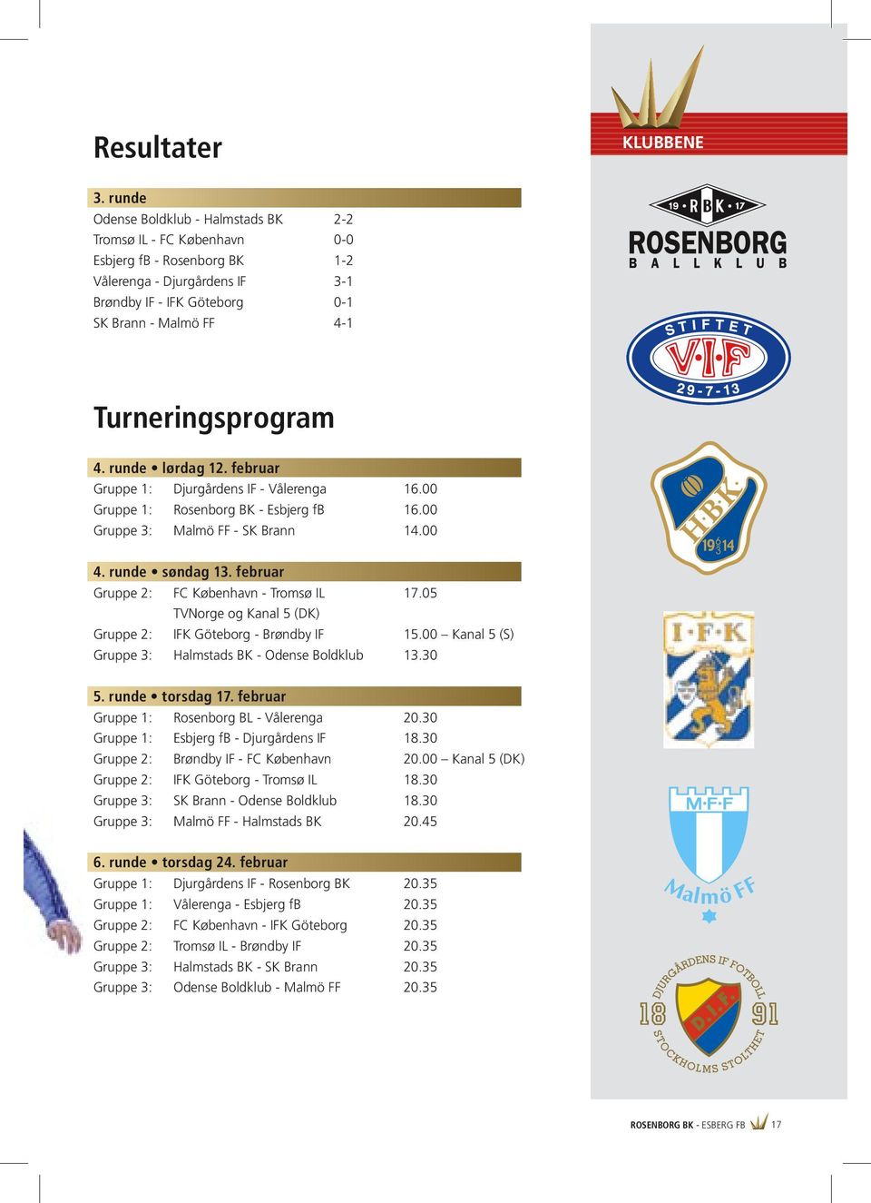 Turneringsprogram 4. runde lørdag 12. februar Gruppe 1: Djurgårdens IF - Vålerenga 16.00 Gruppe 1: Rosenborg BK - Esbjerg fb 16.00 Gruppe 3: Malmö FF - SK Brann 14.00 4. runde søndag 13.