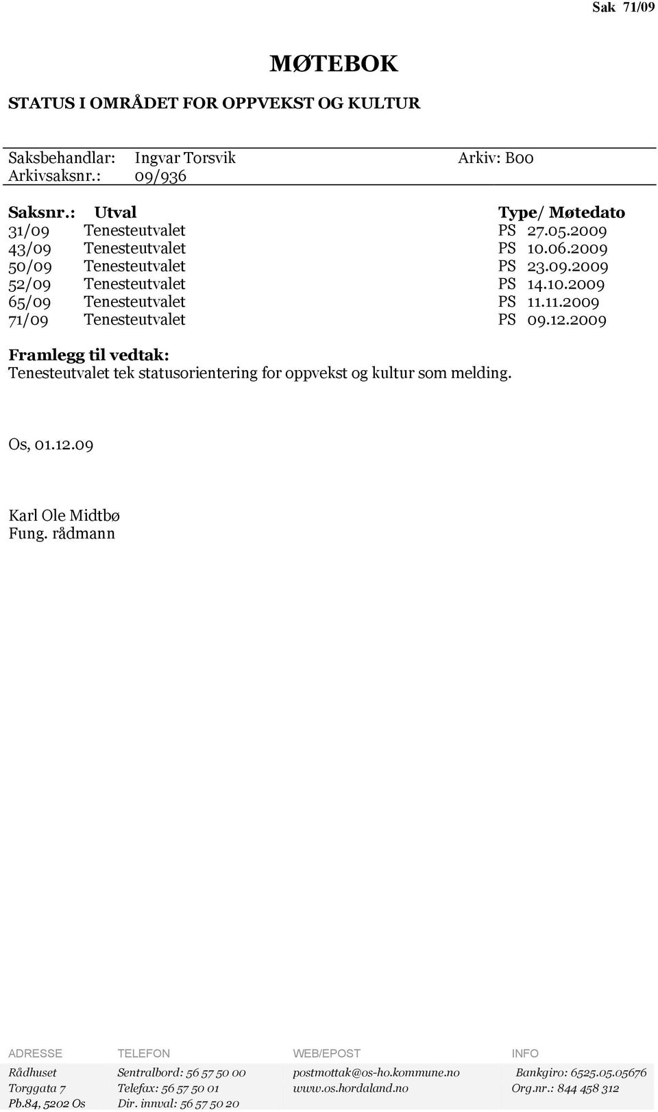 2009 Framlegg tl vedtak: Tenesteutvalet tek statusorenterng for oppvekst og kultur som meldng. Os, 01.12.09 Karl Ole Mdtbø Fung.