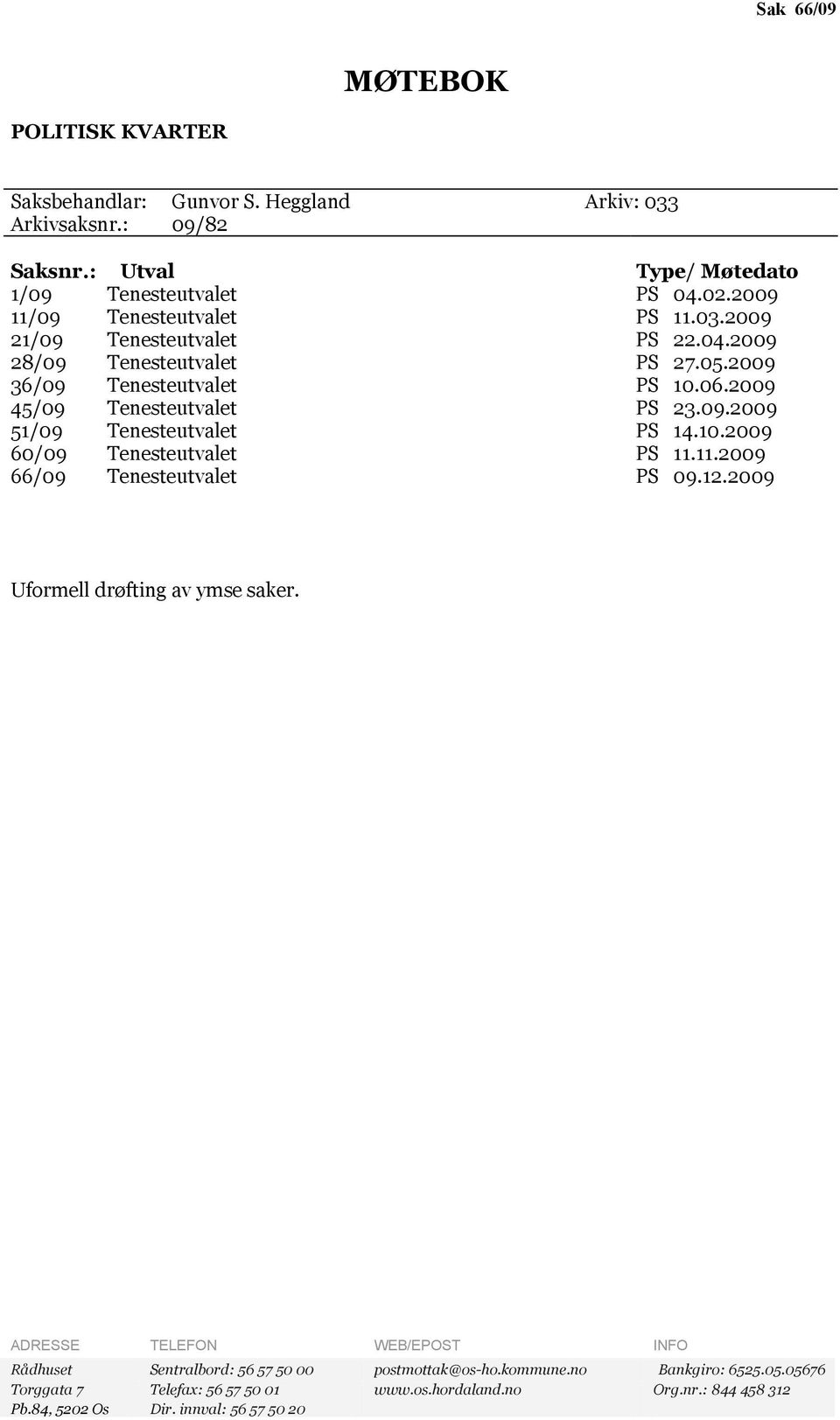 10.2009 60/09 Tenesteutvalet PS 11.11.2009 66/09 Tenesteutvalet PS 09.12.2009 Uformell drøftng av ymse saker.
