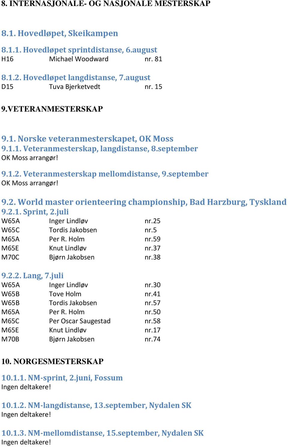 Veteranmesterskap mellomdistanse, 9.september OK Moss arrangør! 9.2. World master orienteering championship, Bad Harzburg, Tyskland 9.2.1. Sprint, 2.juli W65A Inger Lindløv nr.