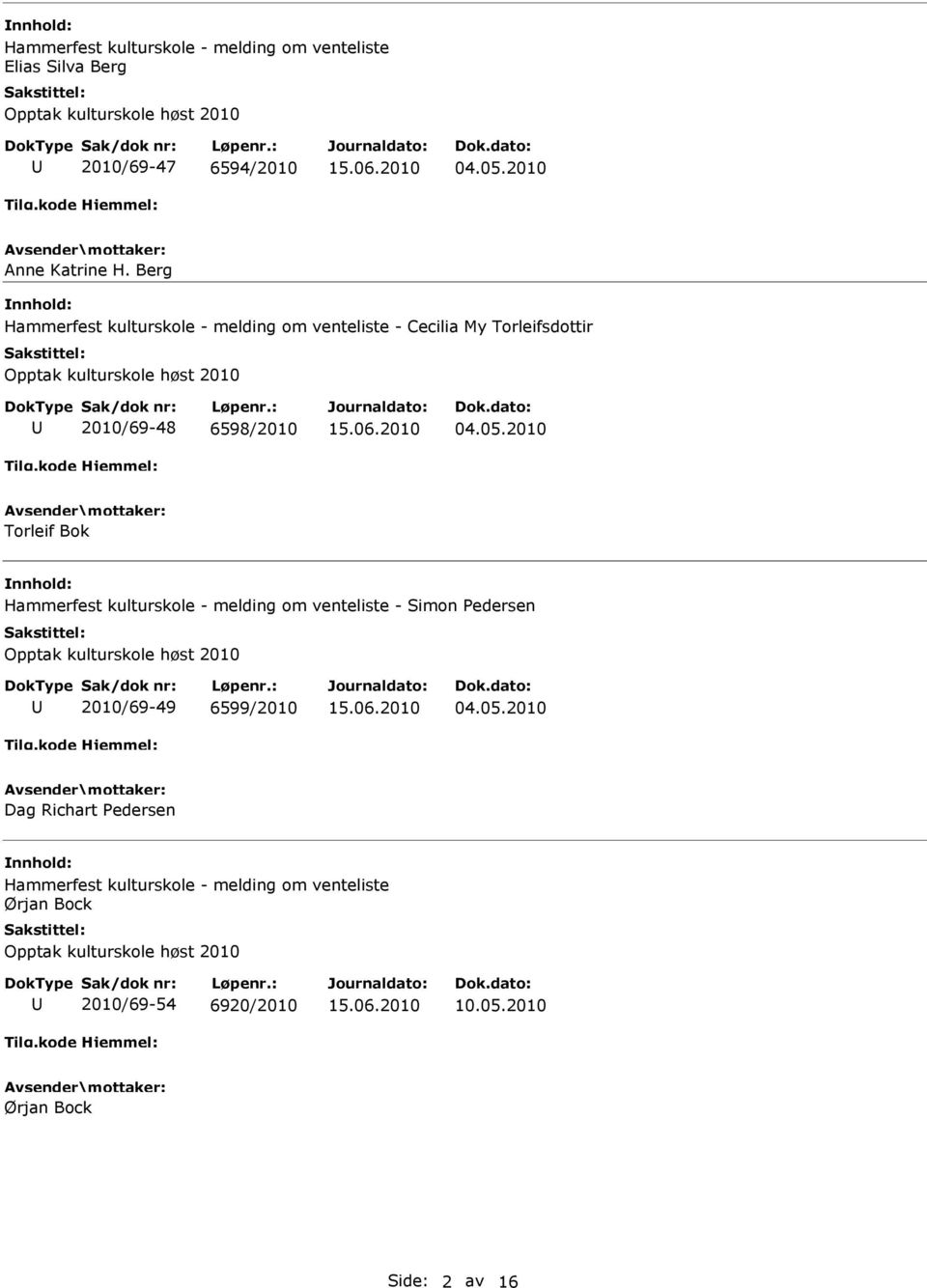 2010 Torleif Bok nnhold: Hammerfest kulturskole - melding om venteliste - Simon Pedersen Opptak kulturskole høst 2010 2010/69-49 6599/2010 04.05.