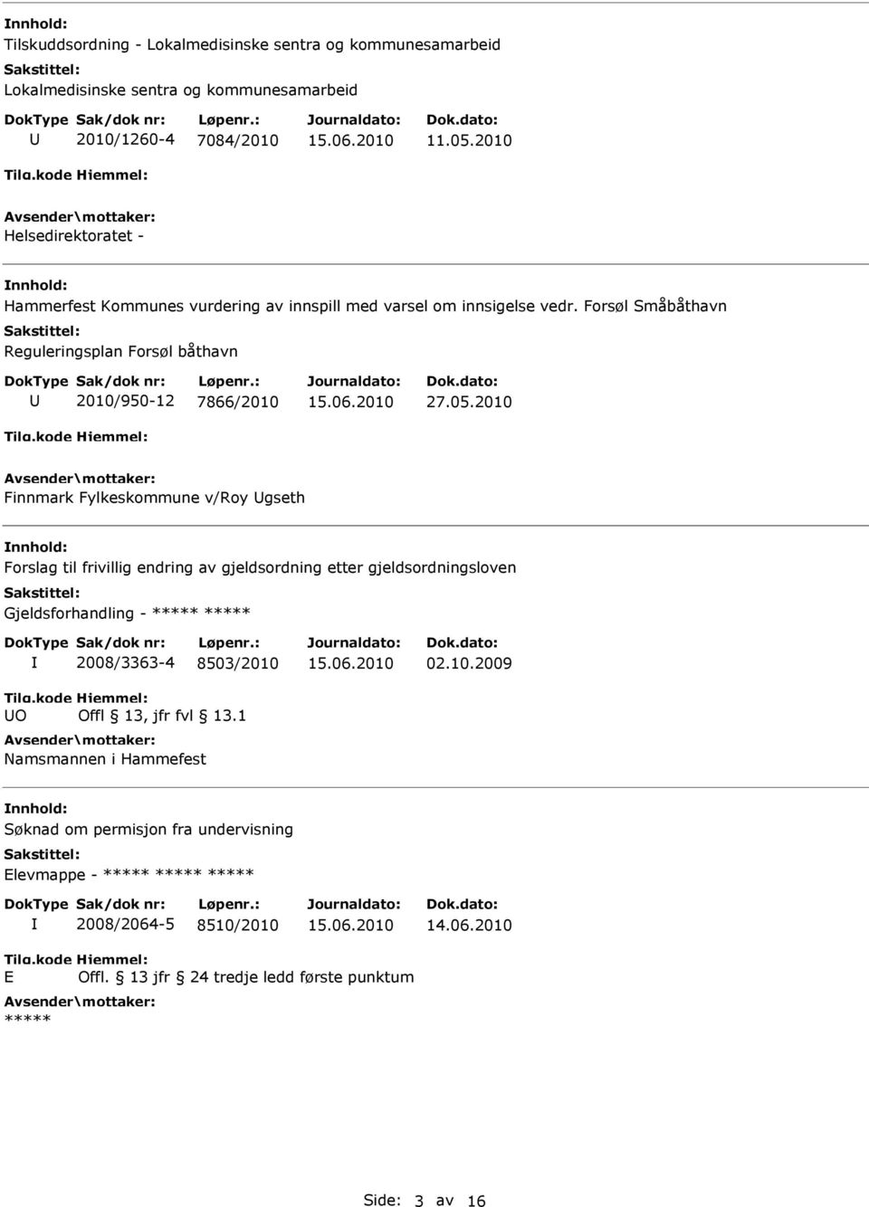 2010 Finnmark Fylkeskommune v/roy gseth nnhold: Forslag til frivillig endring av gjeldsordning etter gjeldsordningsloven Gjeldsforhandling - ***** ***** O 2008/3363-4 8503/2010 Offl