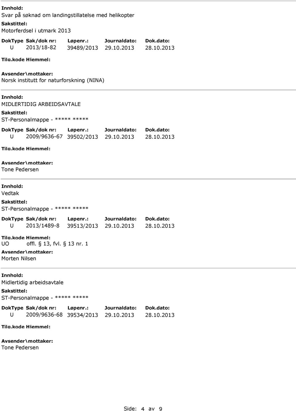 ARBEDSAVTALE 2009/9636-67 39502/2013 Tone Pedersen Vedtak O 2013/1489-8