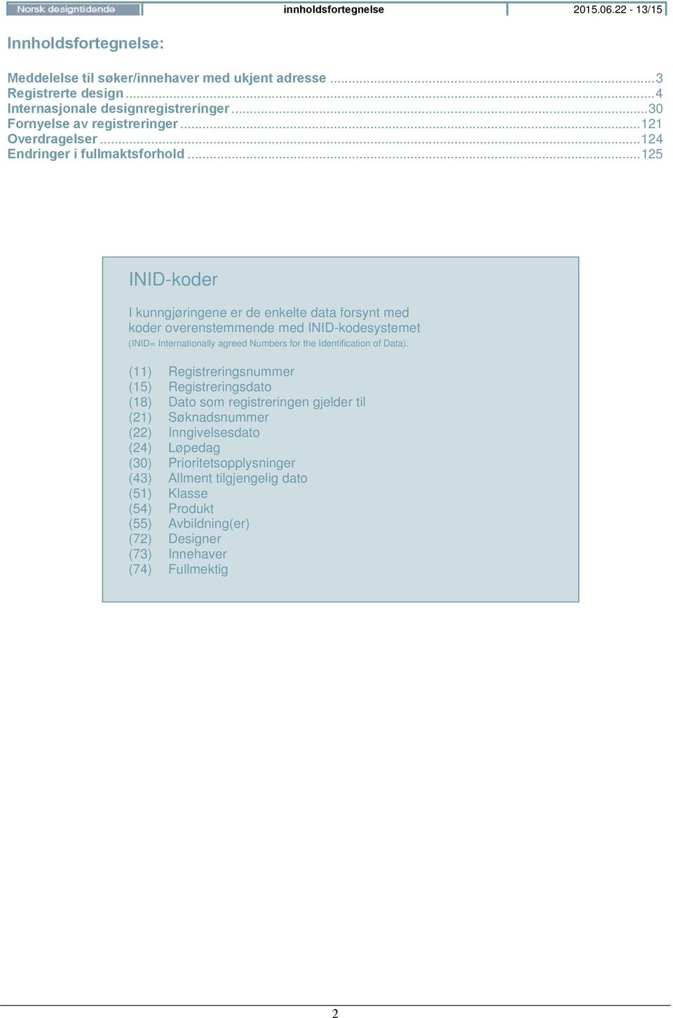 .. 125 INID-koder I kunngj ringene er de enkelte data forsynt med koder overenstemmende med INID-kodesystemet (INID= Internationally agreed Numbers for the Identification of Data).