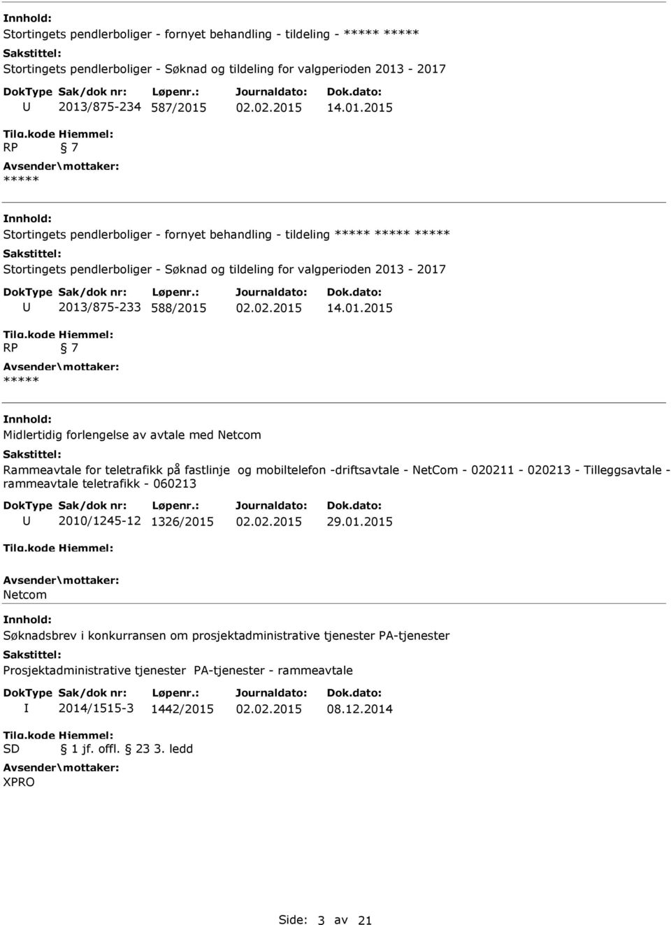 01.2015 nnhold: Midlertidig forlengelse av avtale med Netcom Rammeavtale for teletrafikk på fastlinje og mobiltelefon -driftsavtale - NetCom - 020211-020213 - Tilleggsavtale - rammeavtale teletrafikk