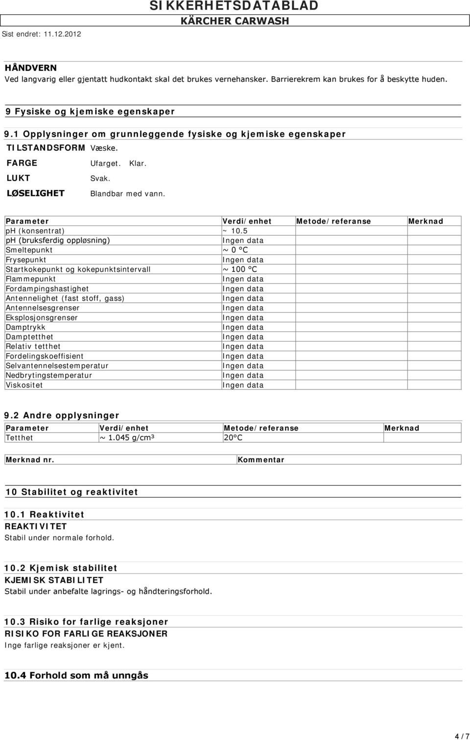 Parameter Verdi/enhet Metode/referanse Merknad ph (konsentrat) ~ 10.