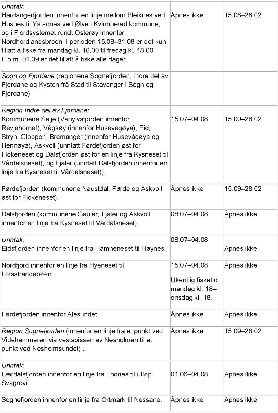 02 Sogn og Fjordane (regionene Sognefjorden, Indre del av Fjordane og Kysten frå Stad til Stavanger i Sogn og Fjordane) Region Indre del av Fjordane: Kommunene Selje (Vanylvsfjorden innenfor