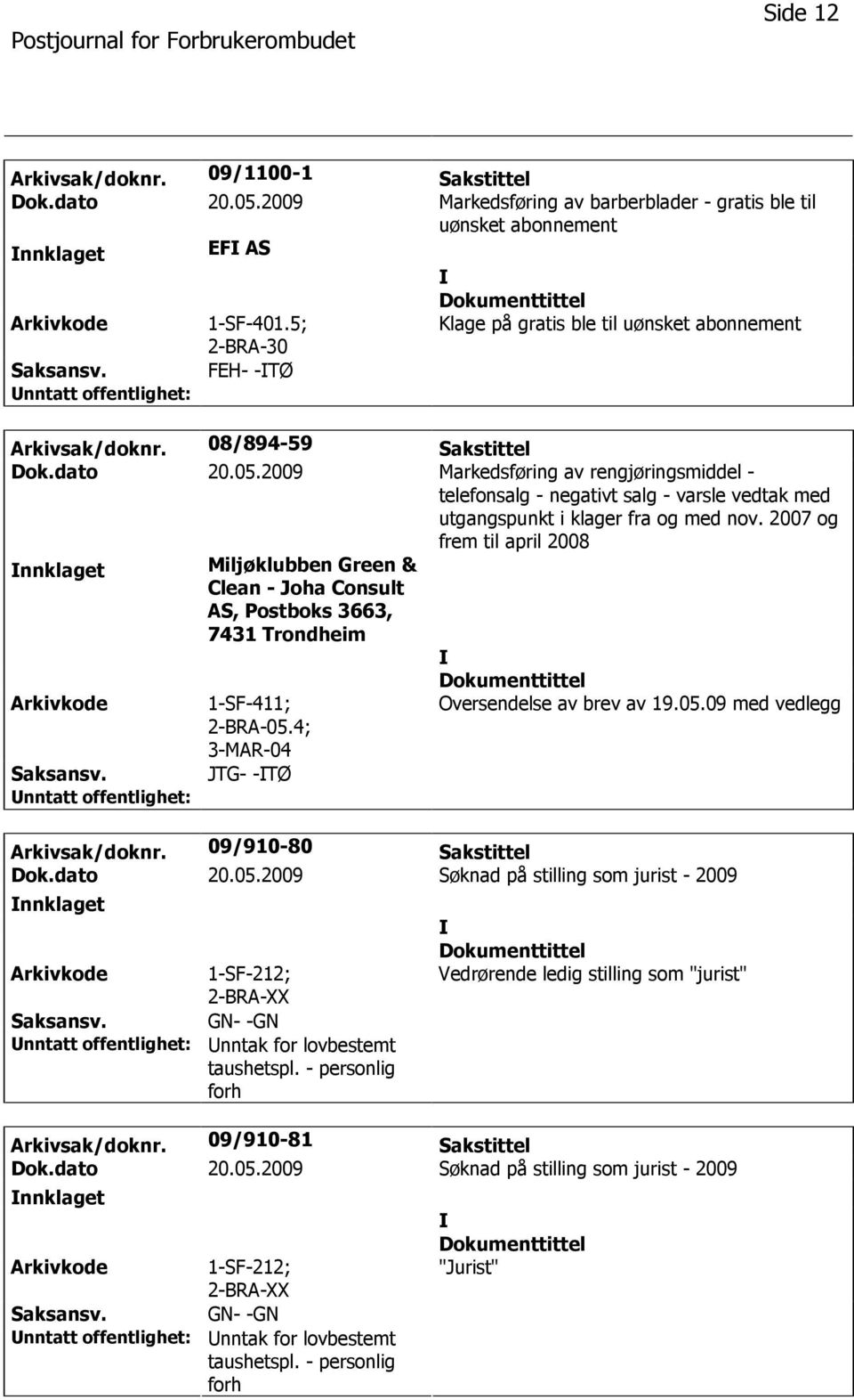 2009 Markedsføring av rengjøringsmiddel - telefonsalg - negativt salg - varsle vedtak med utgangspunkt i klager fra og med nov.