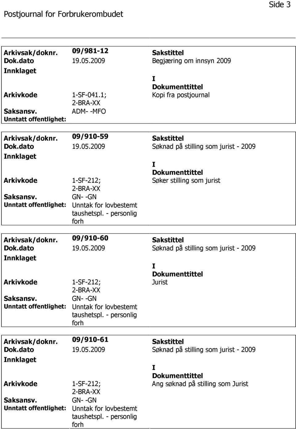 09/910-59 Sakstittel nnklaget nntak for lovbestemt Søker stilling som jurist Arkivsak/doknr.