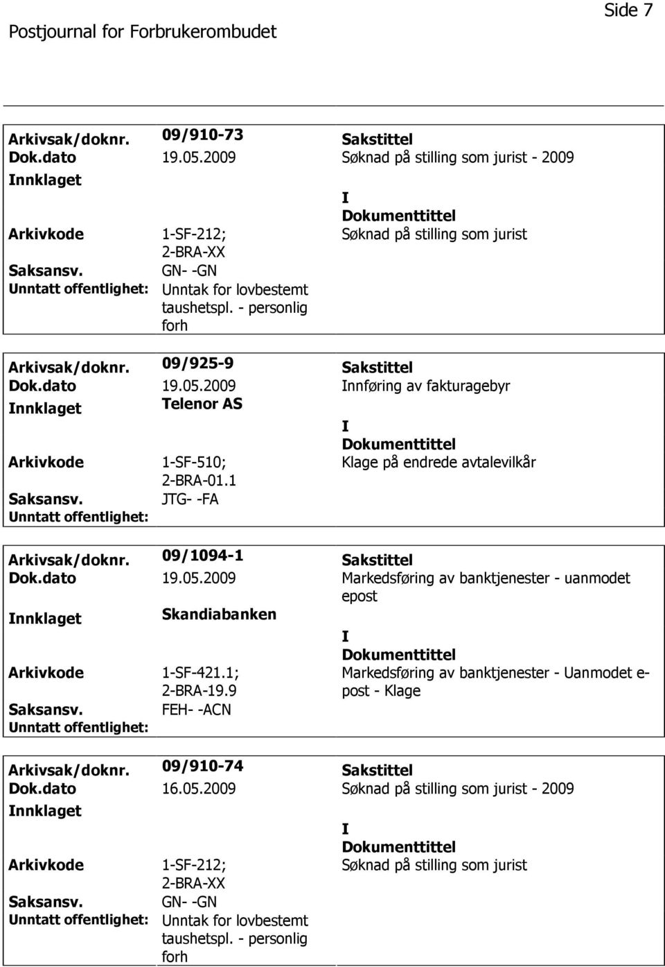 09/1094-1 Sakstittel Dok.dato 19.05.2009 Markedsføring av banktjenester - uanmodet epost nnklaget Skandiabanken 1-SF-421.1; 2-BRA-19.