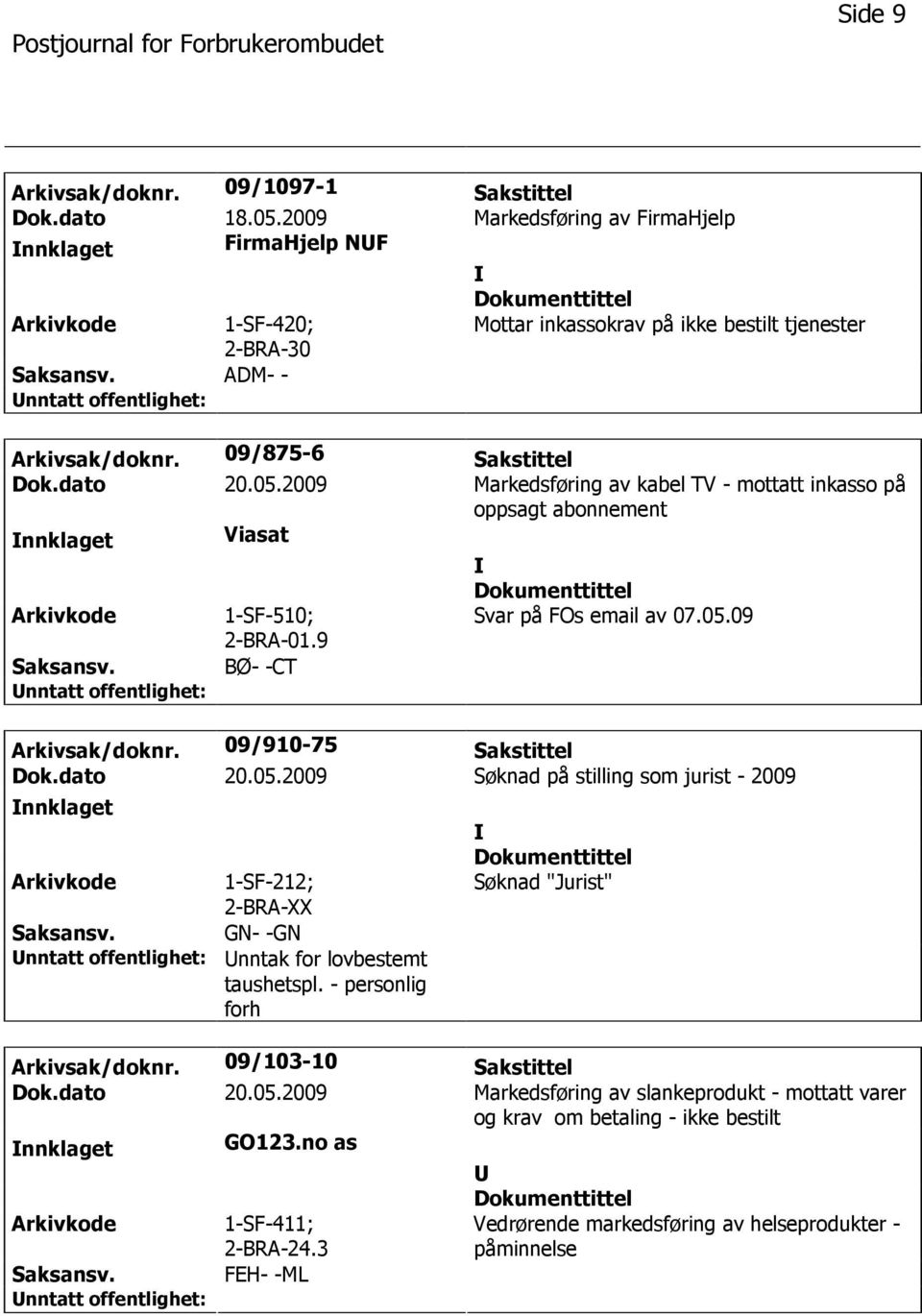 2009 Markedsføring av kabel TV - mottatt inkasso på oppsagt abonnement nnklaget Viasat 1-SF-510; 2-BRA-01.9 Svar på FOs email av 07.05.09 BØ- -CT Arkivsak/doknr.