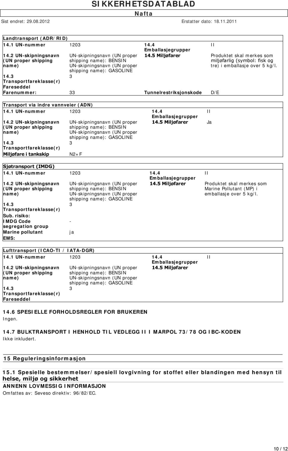 3 Transportfareklasse(r) Fareseddel Farenummer: 33 Tunnelrestriksjonskode D/E Transport via indre vannveier (ADN) 14.1 UN-nummer 1203 14.4 Emballasjegrupper 14.