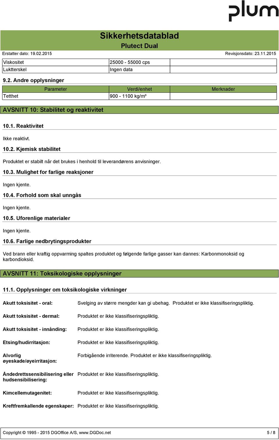 Farlige nedbrytingsprodukter Ved brann eller kraftig oppvarming spaltes produktet og følgende farlige gasser kan dannes: Karbonmonoksid og karbondioksid. AVSNITT 11