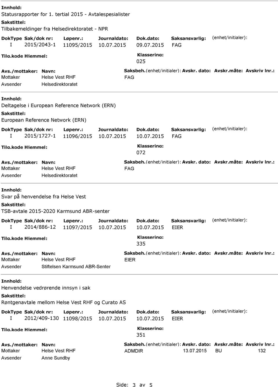 Network (ERN) European Reference Network (ERN) 2015/1727-1 11096/2015 072 nnhold: Svar på henvendelse fra Helse Vest TSB-avtale 2015-2020 Karmsund