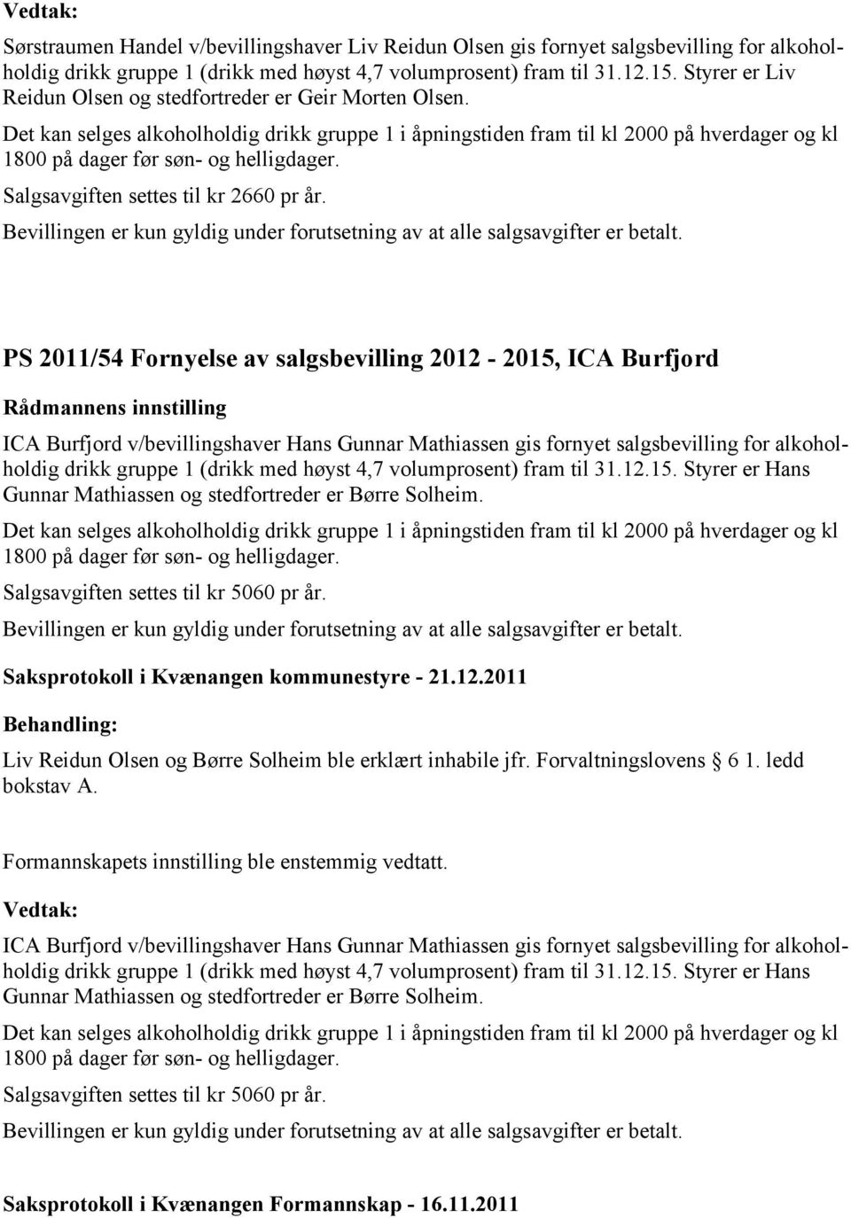 PS 2011/54 Fornyelse av salgsbevilling 2012-2015, ICA Burfjord ICA Burfjord v/bevillingshaver Hans Gunnar Mathiassen gis fornyet salgsbevilling for alkoholholdig drikk gruppe 1 (drikk med høyst 4,7