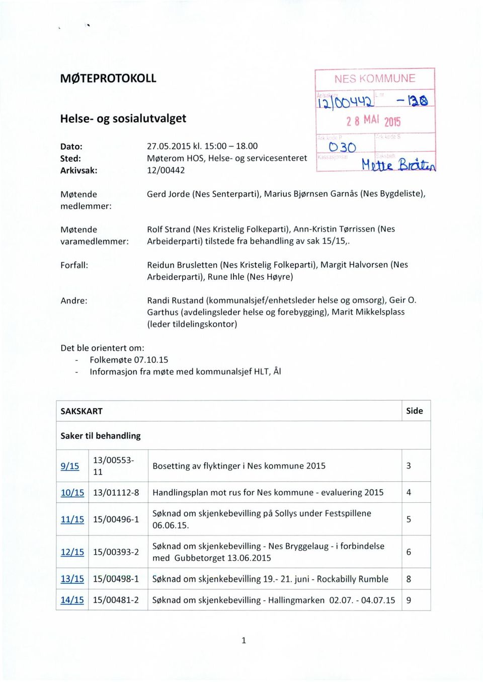 Folkeparti), Ann-Kristin Tørrissen (Nes varamedlemmer: Arbeiderparti) tilstede fra behandling av sak 15/15,.