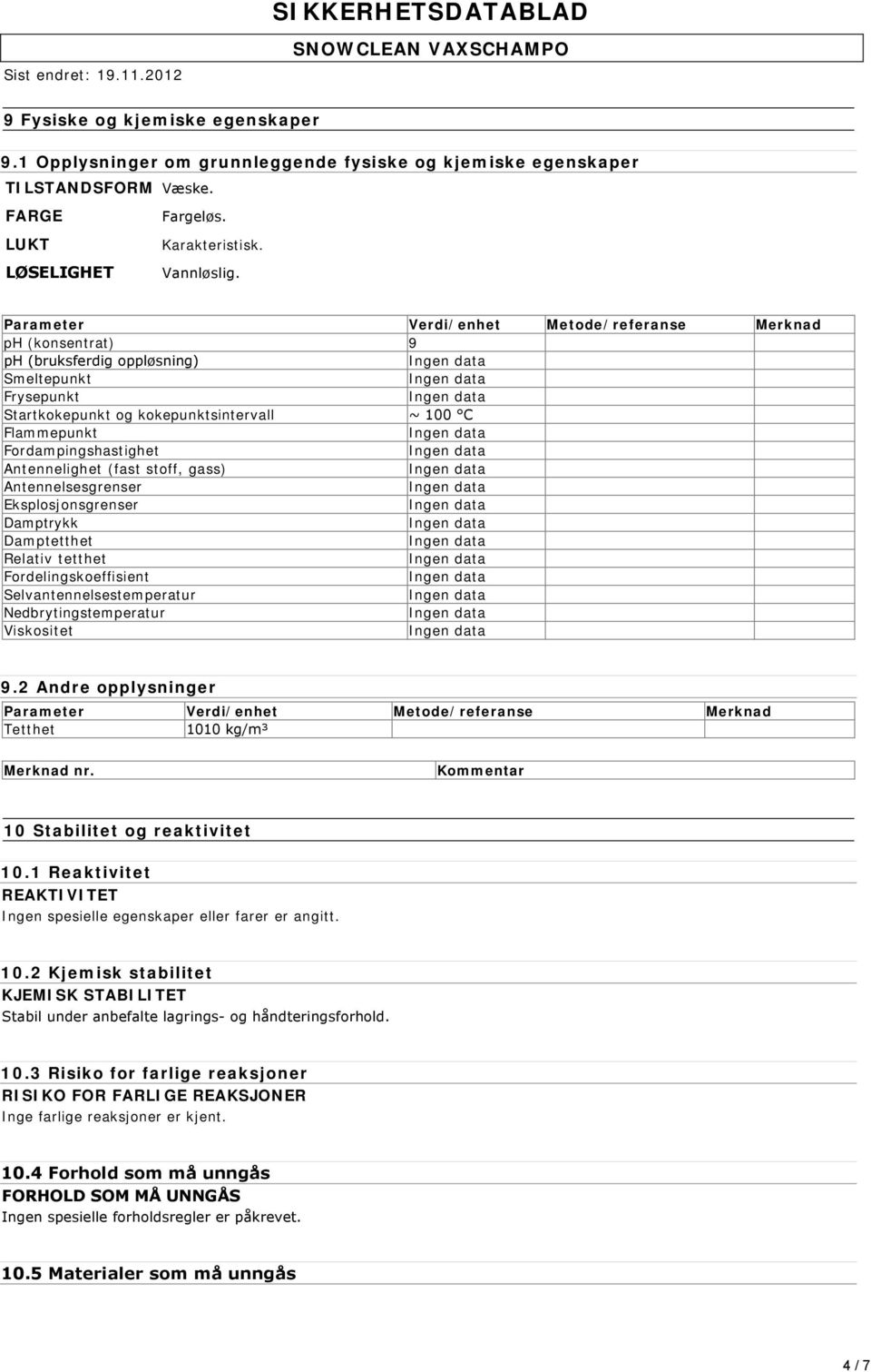 Antennelighet (fast stoff, gass) Antennelsesgrenser Eksplosjonsgrenser Damptrykk Damptetthet Relativ tetthet Fordelingskoeffisient Selvantennelsestemperatur Nedbrytingstemperatur Viskositet 9.