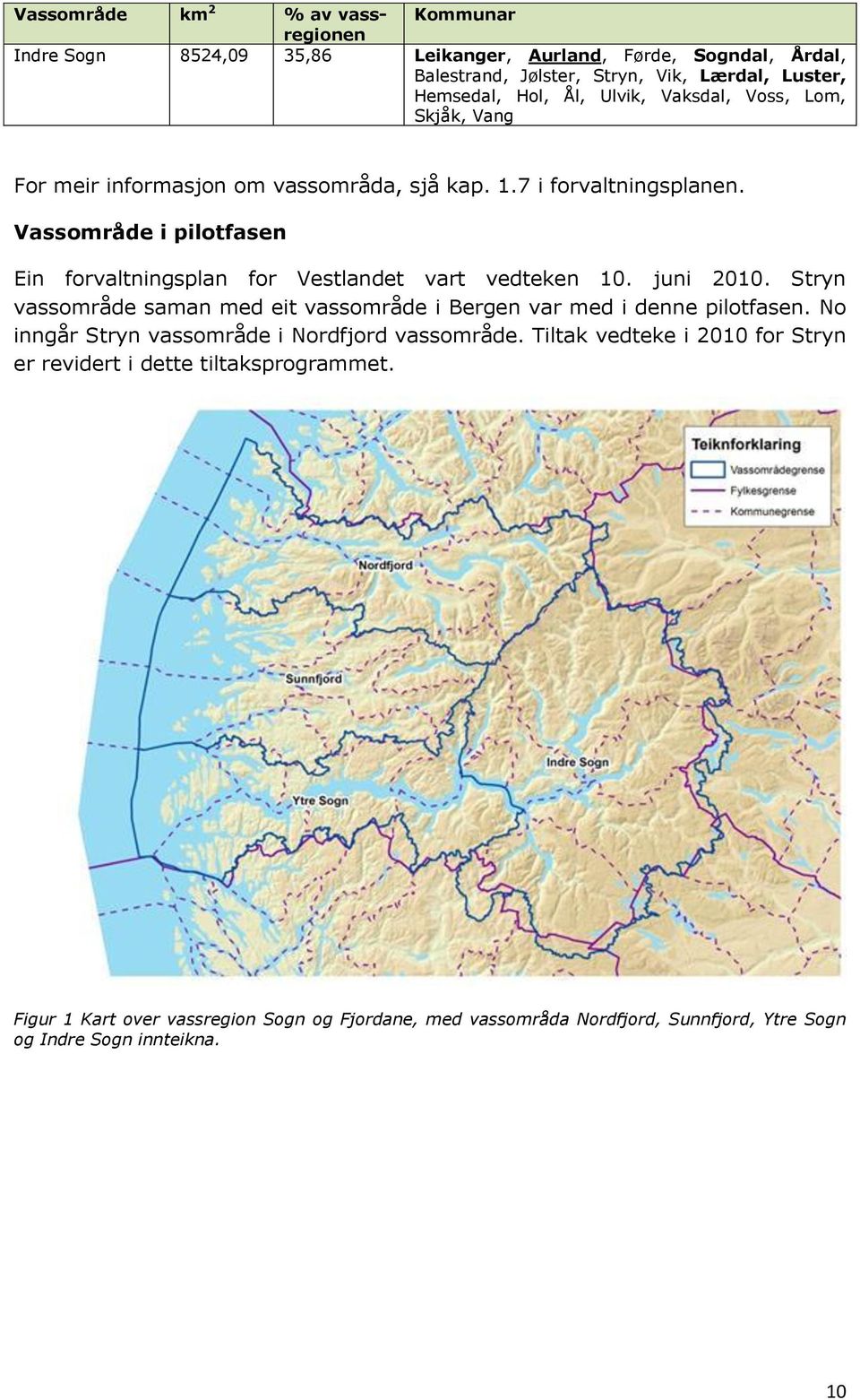 Vassområde i pilotfasen Ein forvaltningsplan for Vestlandet vart vedteken 10. juni 2010. Stryn vassområde saman med eit vassområde i Bergen var med i denne pilotfasen.