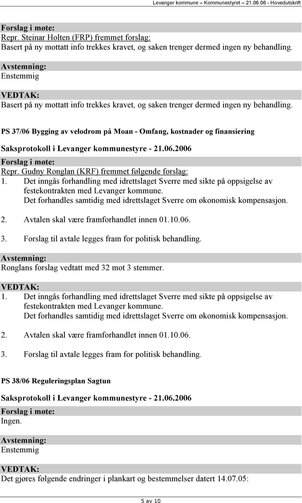 Gudny Ronglan (KRF) fremmet følgende forslag: 1. Det inngås forhandling med idrettslaget Sverre med sikte på oppsigelse av festekontrakten med Levanger kommune.