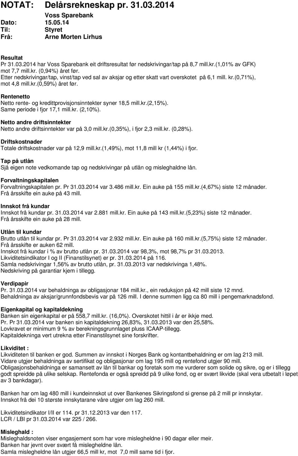 Rentenetto Netto rente- og kredittprovisjonsinntekter syner 18,5 mill.kr.(2,15%). Same periode i fjor 17,1 mill.kr. (2,10%). Netto andre driftsinntekter Netto andre driftsinntekter var på 3,0 mill.kr.(0,35%), i fjor 2,3 mill.