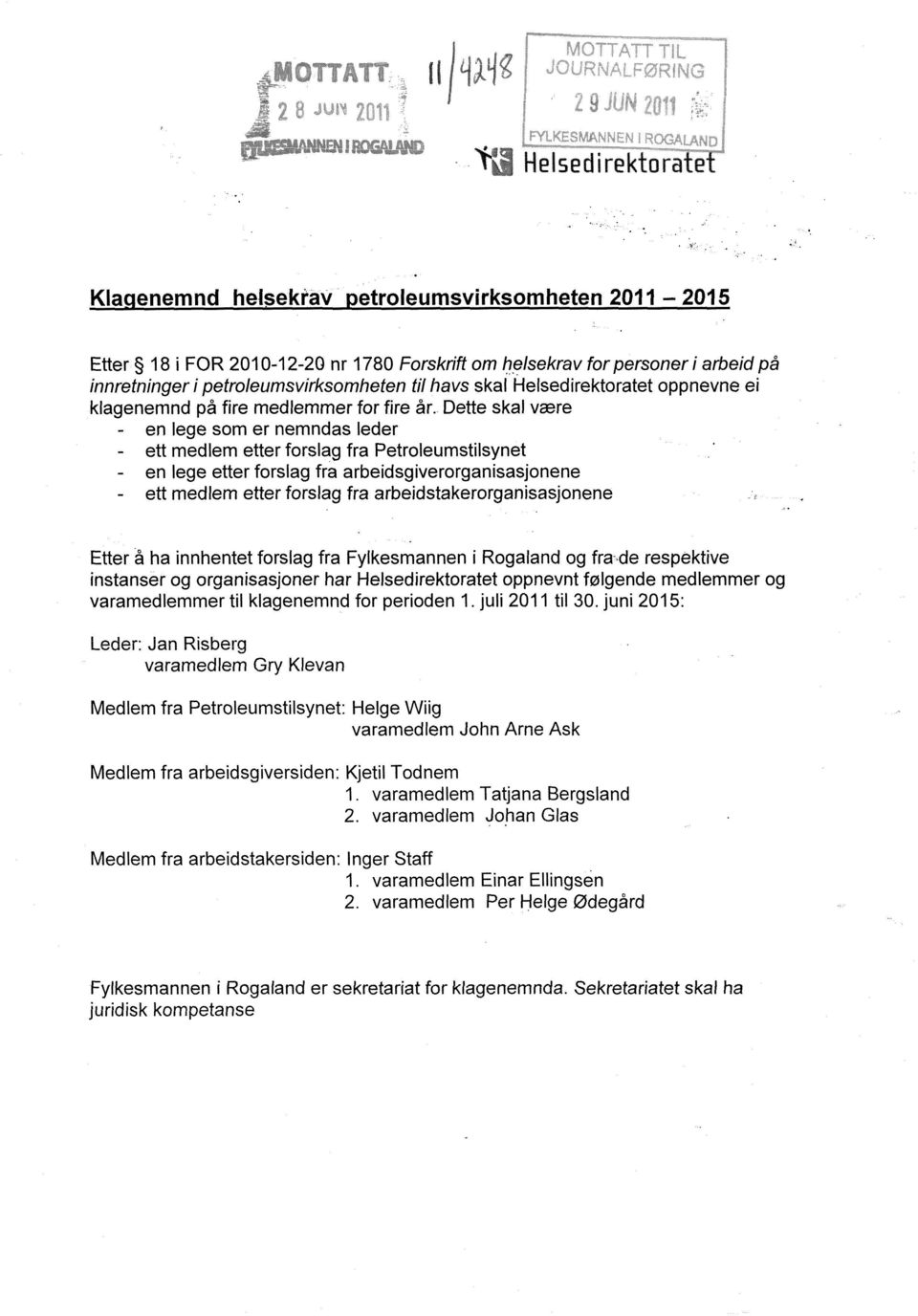 Dette skal være en lege som er nemndas leder ett medlem etter forslag fra Petroleumstilsynet en lege etter forslag fra arbeidsgiverorganisasjonene ett medlem etter forslag fra