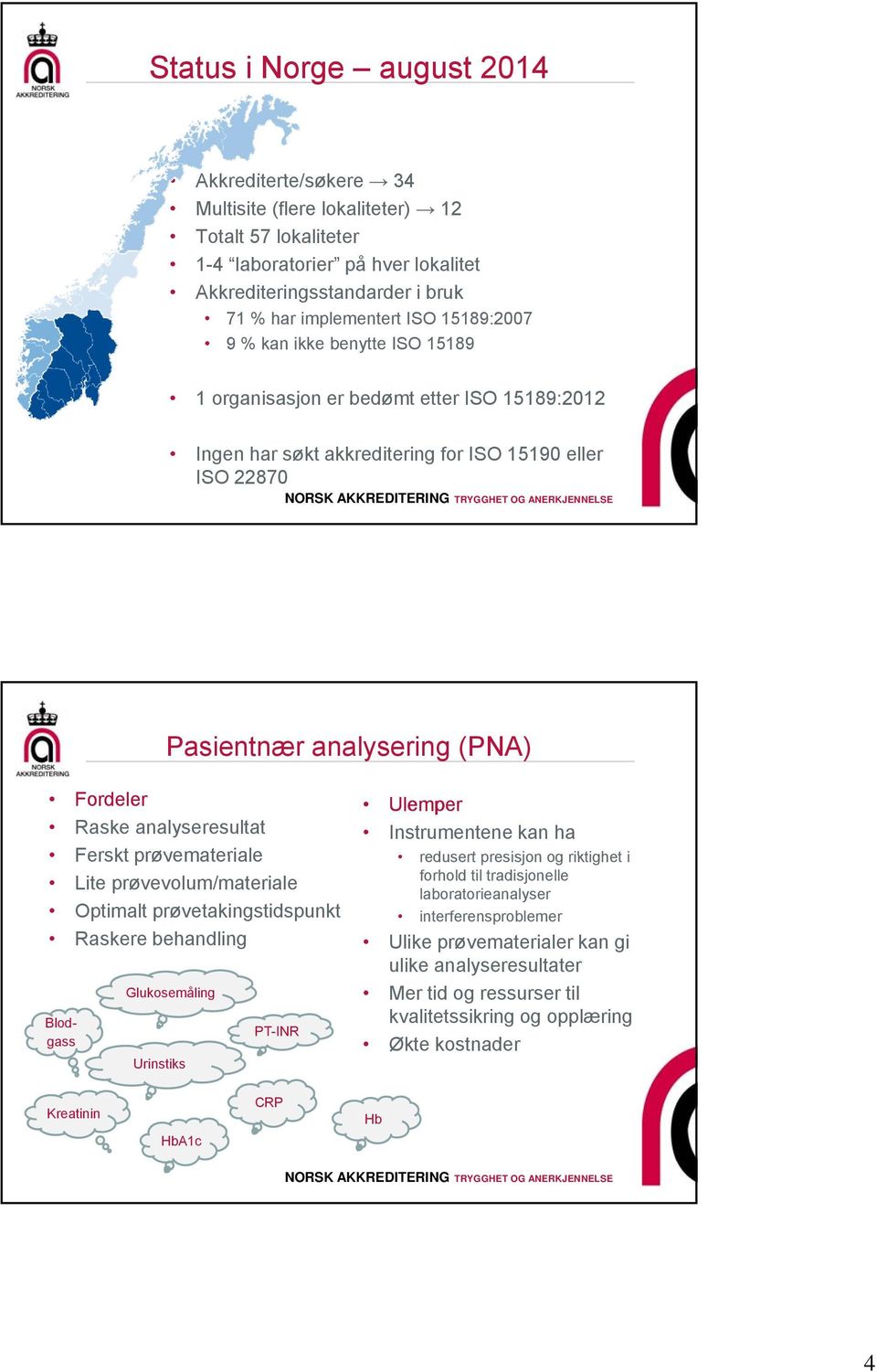 analyseresultat Ferskt prøvemateriale Lite prøvevolum/materiale Optimalt prøvetakingstidspunkt Raskere behandling Blodgass Glukosemåling Urinstiks PT-INR Ulemper Instrumentene kan ha redusert