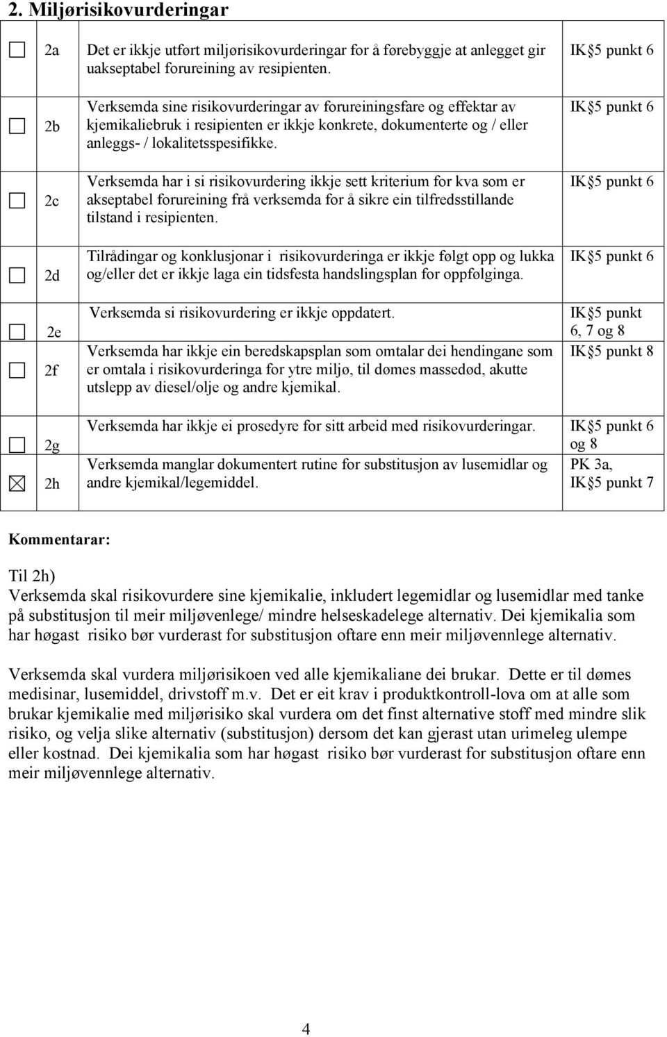 Verksemda har i si risikovurdering ikkje sett kriterium for kva som er akseptabel forureining frå verksemda for å sikre ein tilfredsstillande tilstand i resipienten.