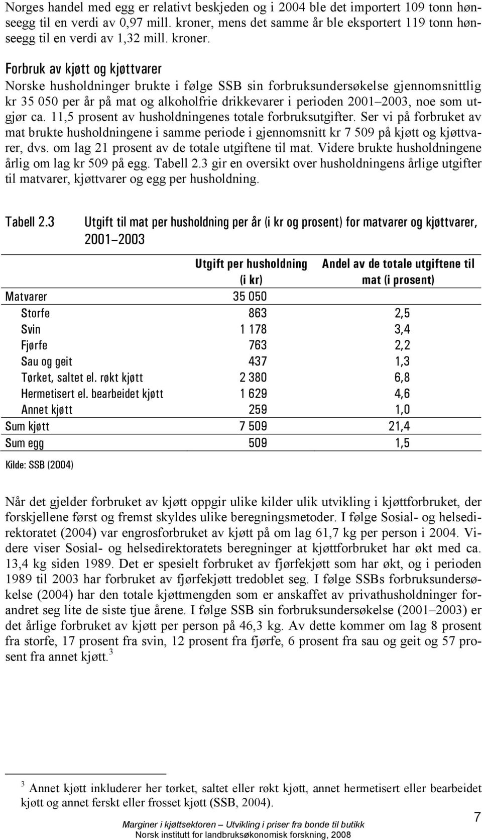 Forbruk av kjøtt og kjøttvarer Norske husholdninger brukte i følge SSB sin forbruksundersøkelse gjennomsnittlig kr 35 050 per år på mat og alkoholfrie drikkevarer i perioden 2001 2003, noe som utgjør