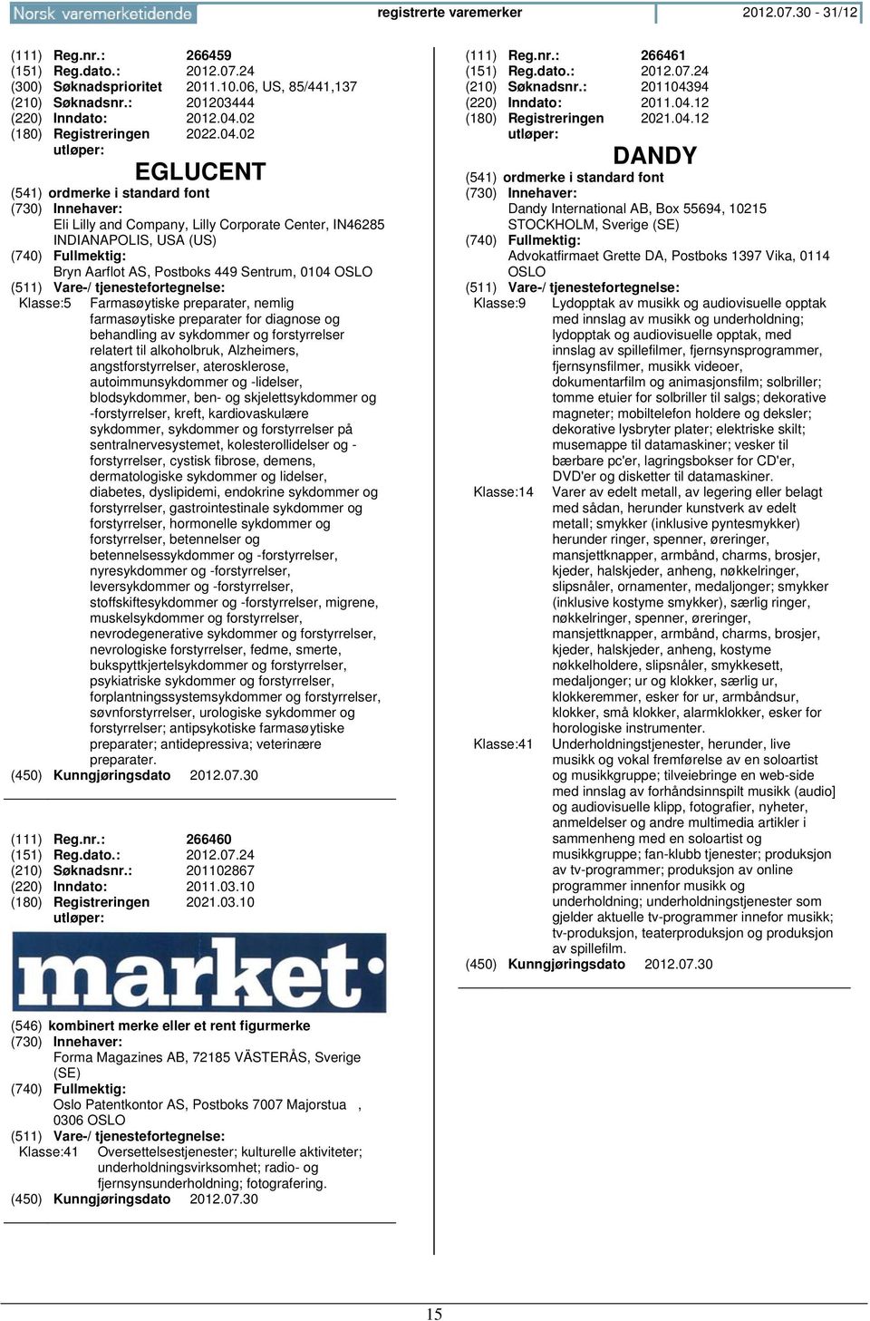 02 EGLUCENT (541) ordmerke i standard font Eli Lilly and Company, Lilly Corporate Center, IN46285 INDIANAPOLIS, USA (US) (740) Fullmektig: Bryn Aarflot AS, Postboks 449 Sentrum, 0104 OSLO Klasse:5