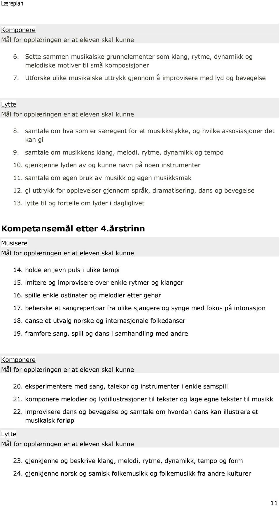 samtale om musikkens klang, melodi, rytme, dynamikk og tempo 10. gjenkjenne lyden av og kunne navn på noen instrumenter 11. samtale om egen bruk av musikk og egen musikksmak 12.