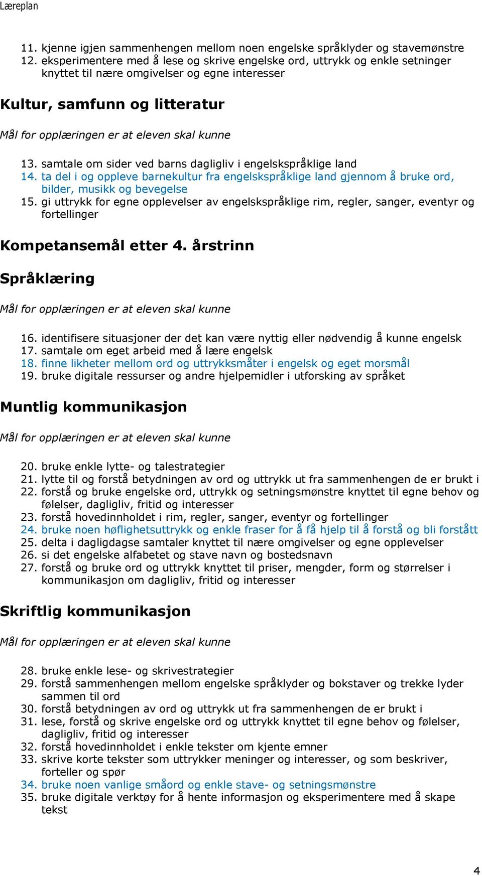 samtale om sider ved barns dagligliv i engelskspråklige land 14. ta del i og oppleve barnekultur fra engelskspråklige land gjennom å bruke ord, bilder, musikk og bevegelse 15.