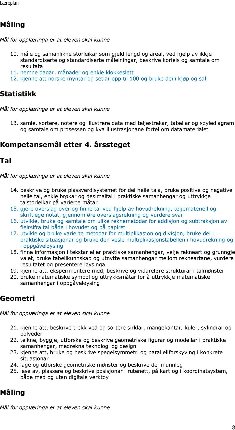 samle, sortere, notere og illustrere data med teljestrekar, tabellar og søylediagram og samtale om prosessen og kva illustrasjonane fortel om datamaterialet Kompetansemål etter 4. årssteget Tal 14.