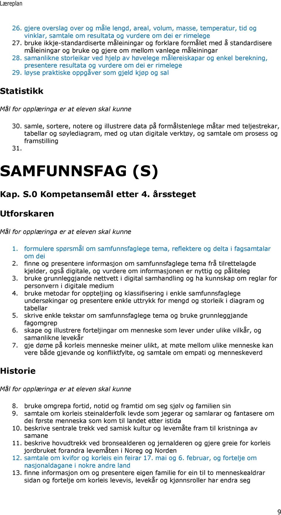 samanlikne storleikar ved hjelp av høvelege målereiskapar og enkel berekning, presentere resultata og vurdere om dei er rimelege 29. løyse praktiske oppgåver som gjeld kjøp og sal Statistikk 30.