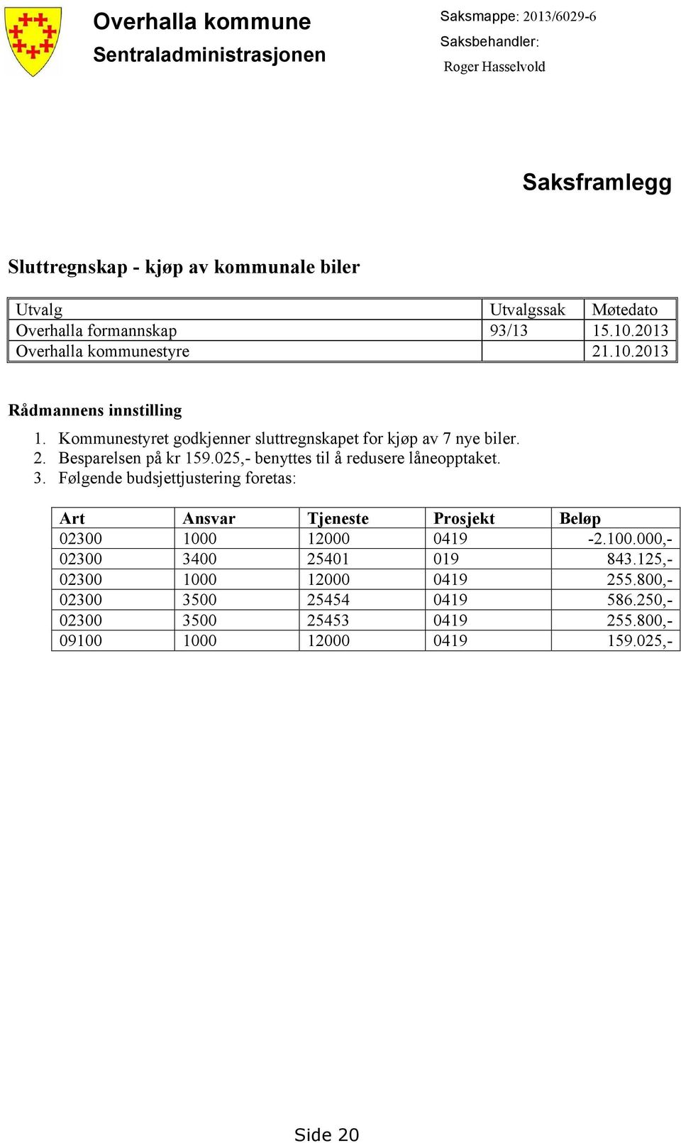 Kommunestyret godkjenner sluttregnskapet for kjøp av 7 nye biler. 2. Besparelsen på kr 159.025,- benyttes til å redusere låneopptaket. 3.