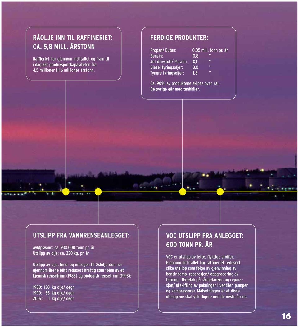 De øvrige går med tankbiler. UTSLIPP FRA VANNRENSEANLEGGET: Avløpsvann: ca. 930.000 tonn pr.