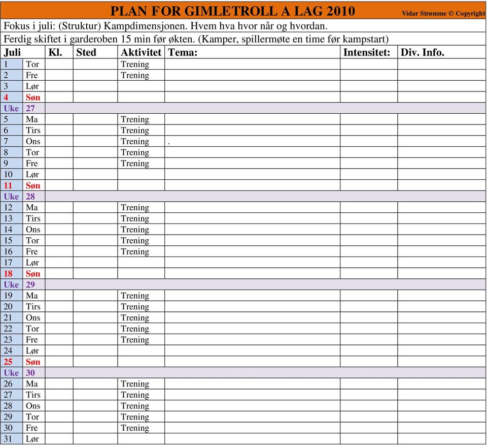 8 Tor Trening 9 Fre Trening 10 Lør 11 Søn Uke 28 12 Ma Trening 13 Tirs Trening 14 Ons Trening 15 Tor Trening 16 Fre Trening 17 Lør 18
